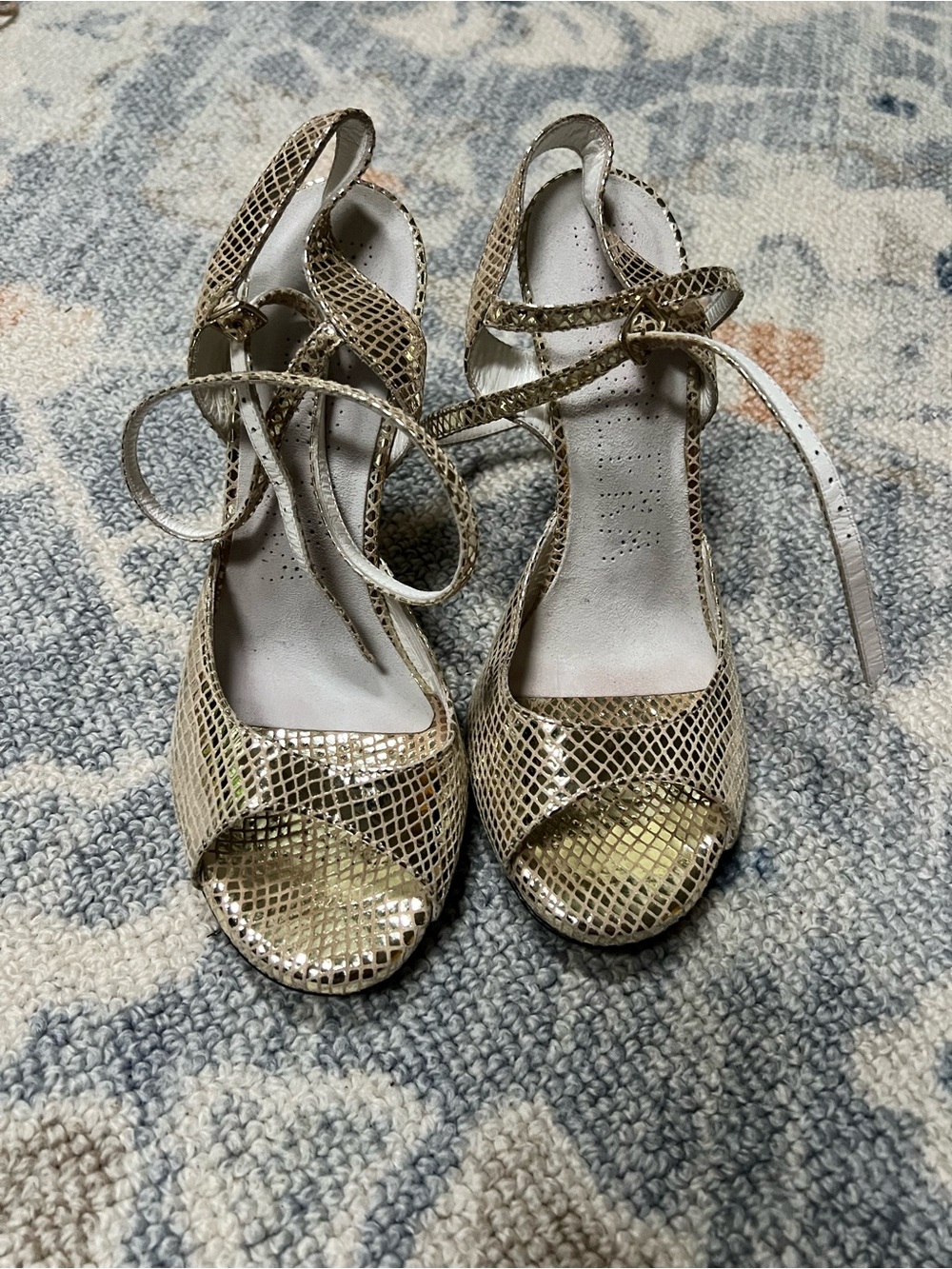 Bandolera Argentine Tango Gold Snake-Print Peep Toe Ankle Strap Heels